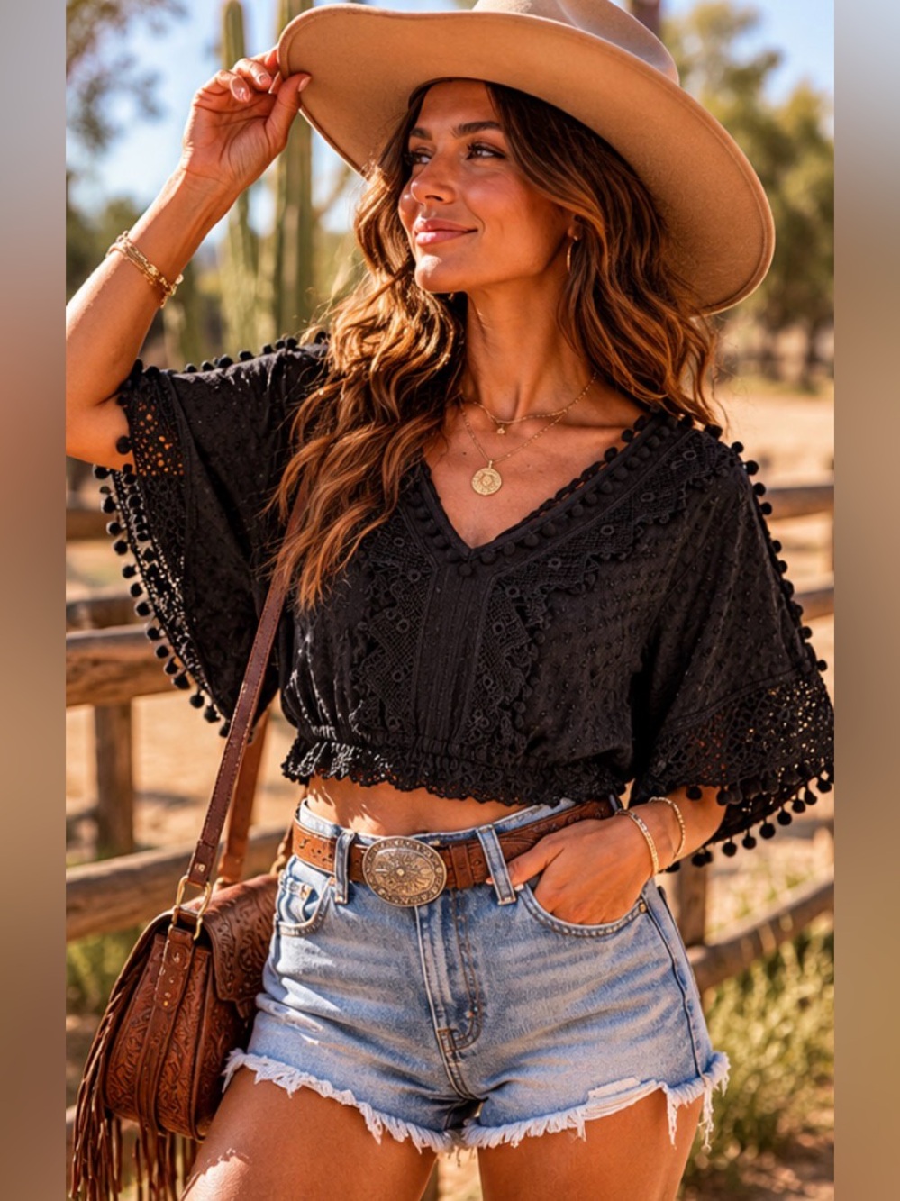 Place Nationale Soleil Crochet Pom Pom Black Cotton Crop Top Size 3/L